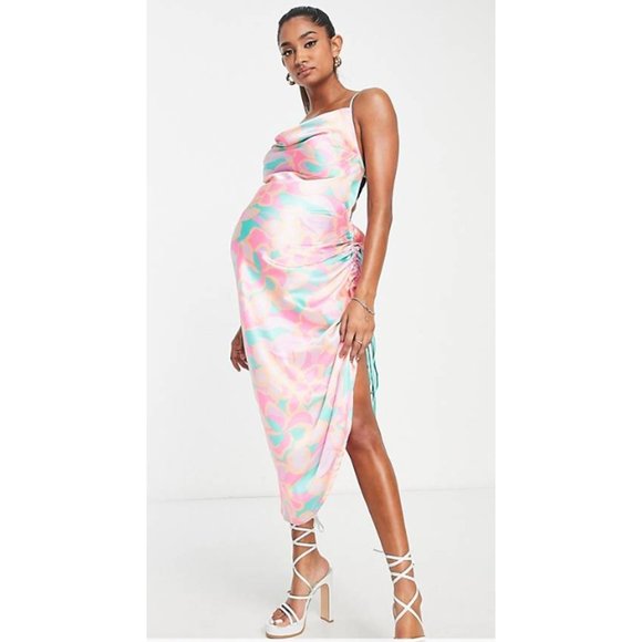 ASOS DESIGN Maternity ruched slip midi beach dress in kaleidoscope print - Picture 4 of 6
